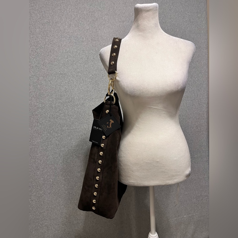 Claudia Firenze Hobo Shoulder Bag Chocolate Brown Suede Studs - Picture 15 of 16
